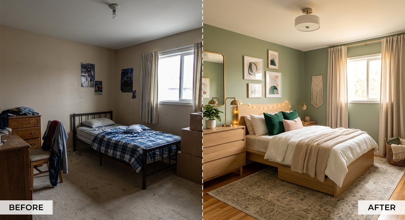 Decorating a bedroom Before and after