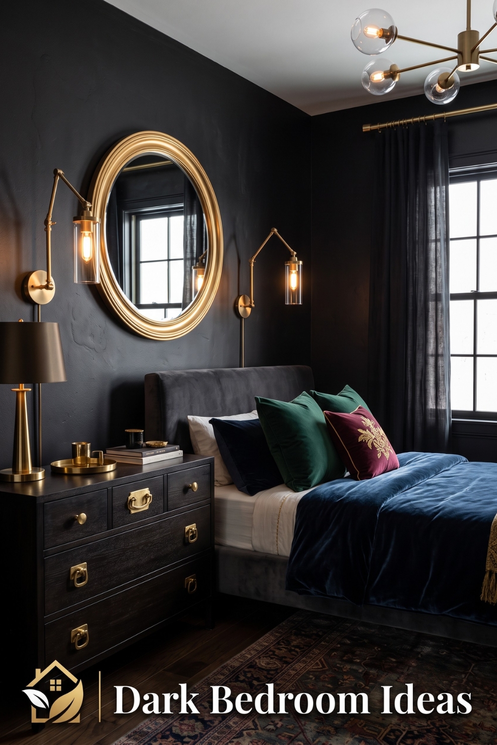 Black Bedroom Ideas: Black Walls with Gold and Brass Hardware