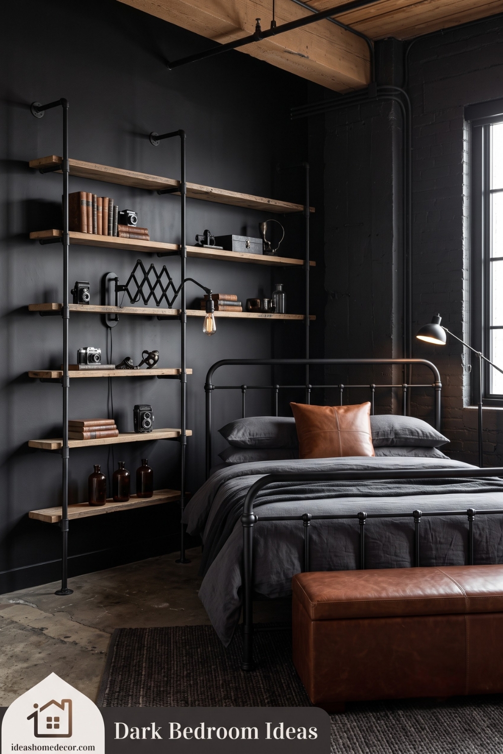 Black Bedroom Ideas: Industrial Black With Metal and Leather