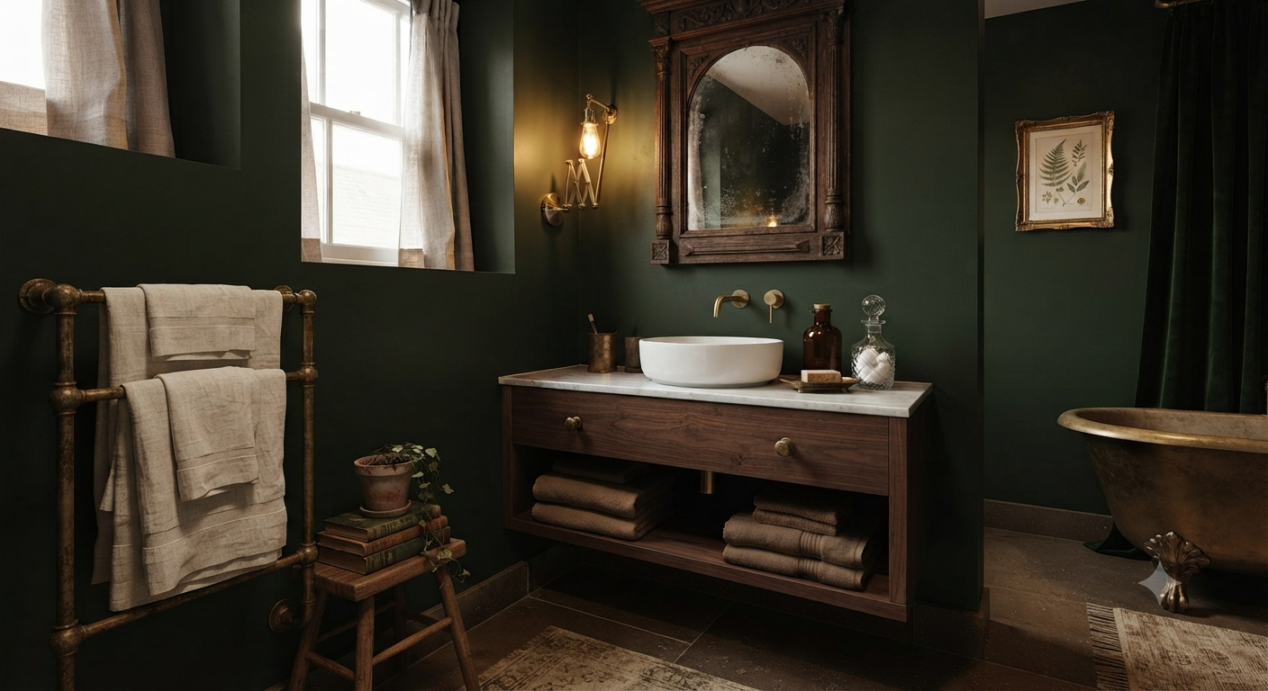 Moody Vintage Bathroom — Dark Walls, Antique Soul